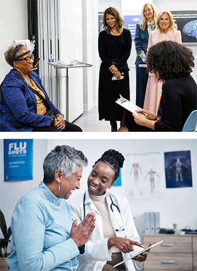 Actress Halle Berry, center, Dr. Pauline Maki, rear, and first lady Jill Biden, rear right, watch as Alexandra Paget Blanc, Graduate Student at UIC runs a mock test with Tracy Weems, left, executive assistant to the Dean, University of Illinois College of Medicine, at the University of Illinois Chicago Illinois Neuropsychiatric Institute, Thursday, Jan. 11, 2024, in Chicago. Biden participated in a roundtable and toured the facilities to highlight the importance of research in women's health.