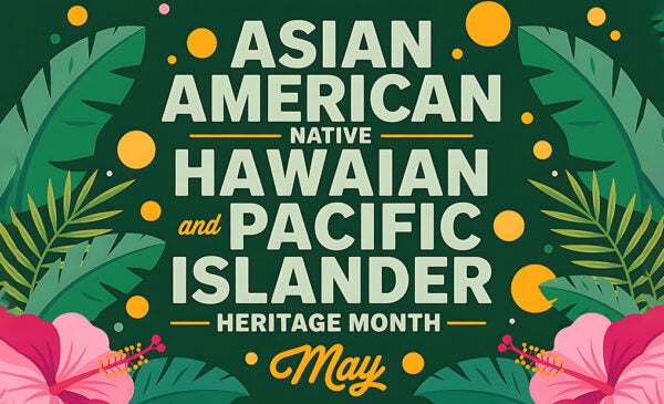 Celebrating Asian American Native Hawaiian and Pacific Islander Heritage Month in May with vibrant tropical leaves and hibiscus flowers on a rich green background.